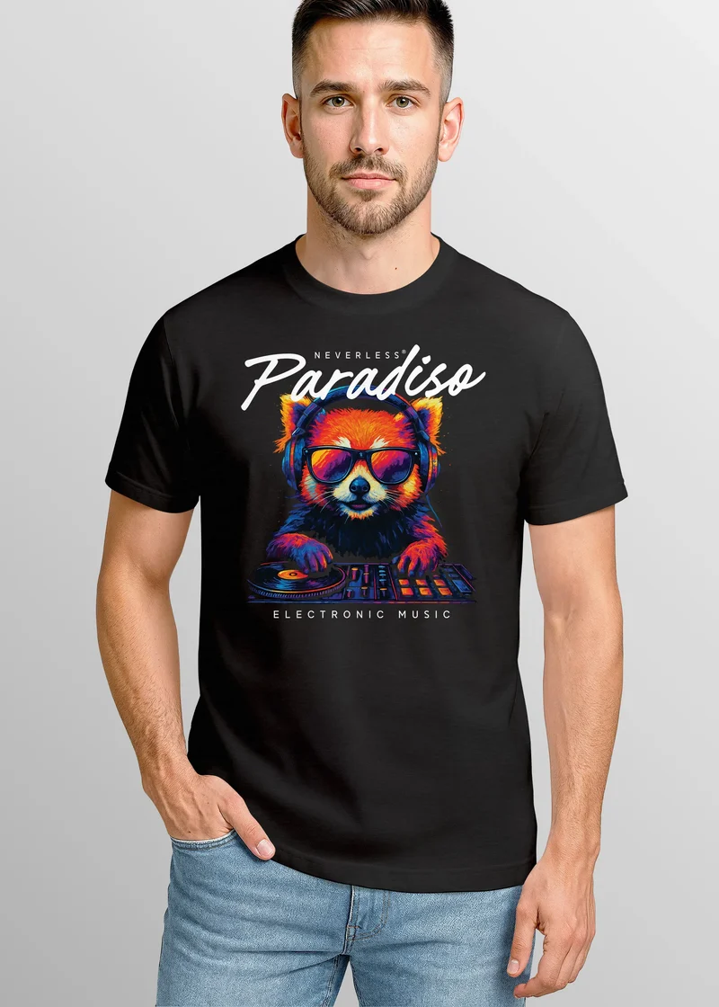 Herren T-Shirt DJ Panda EDM Grafikshirt | electronic Music Print für Festival Club Streetwear | Kurzarmshirt für Musikfan