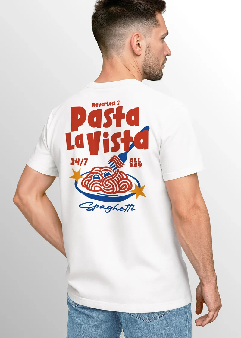 Herren T-Shirt Backprint Pasta la Vista Spaghetti Print Rückenaufdruck Nudel Lover Printshirt Fashion Streetstyle