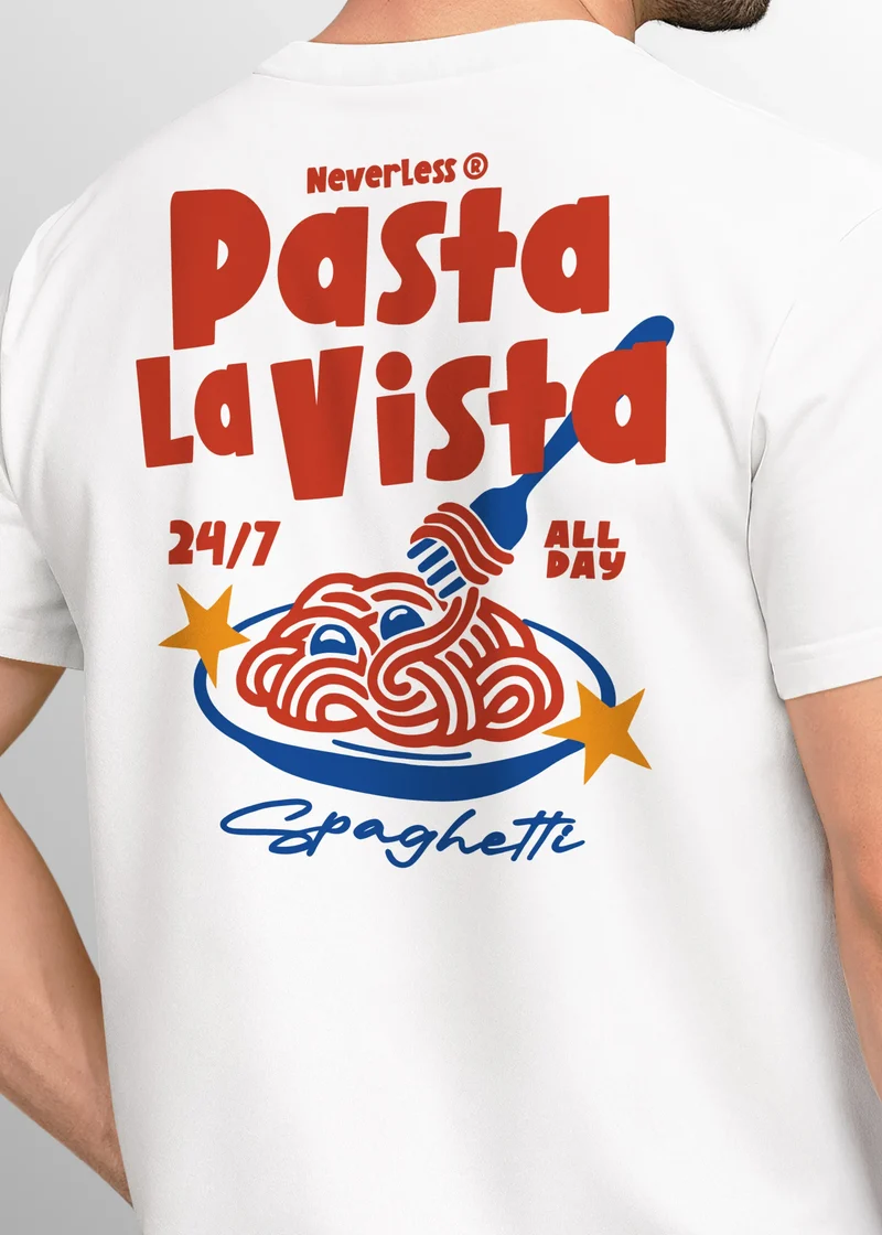 Herren T-Shirt Backprint Pasta la Vista Spaghetti Print Rückenaufdruck Nudel Lover Printshirt Fashion Streetstyle