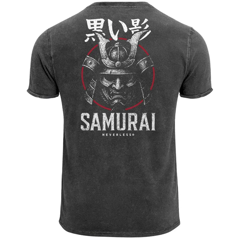 Herren Vintage T-Shirt Samurai Backprint Japanisches Krieger Design mit Helm Kanji Print – Streetwear Grafikshirt Used Look