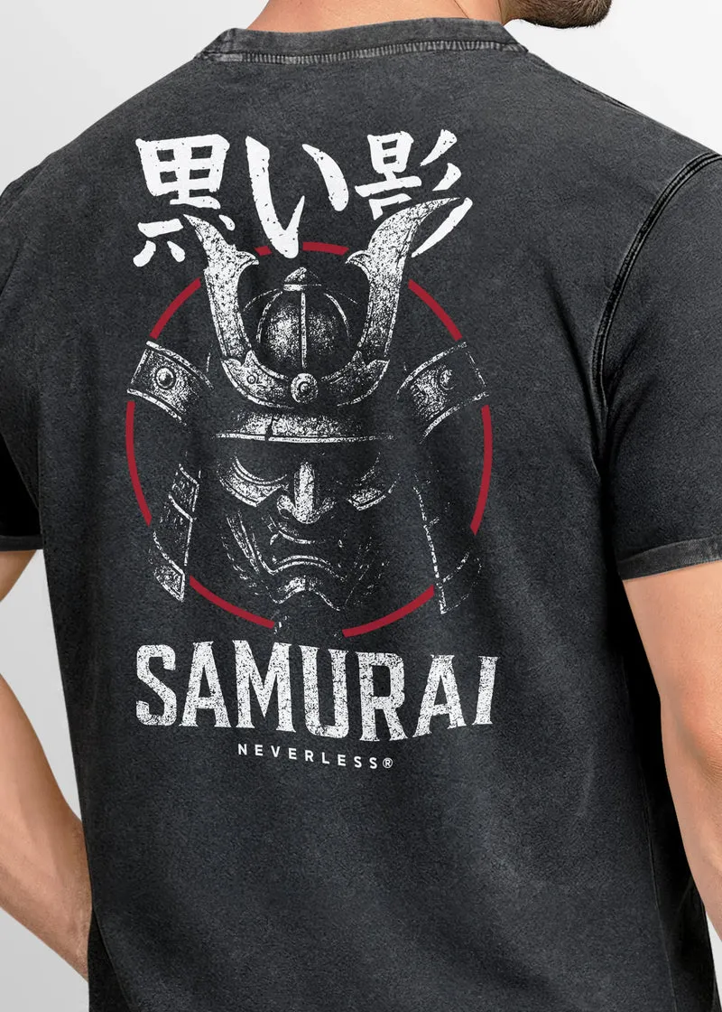 Herren Vintage T-Shirt Samurai Backprint Japanisches Krieger Design mit Helm Kanji Print – Streetwear Grafikshirt Used Look