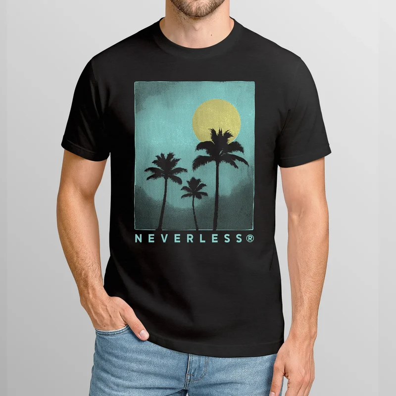 Herren T-Shirt mit Palmen Print Sommer Streetwear Printshirt – Kurzarm Baumwollshirt mit Grafikmotiv – Surfer Style für Urlaub Freizeit Strand