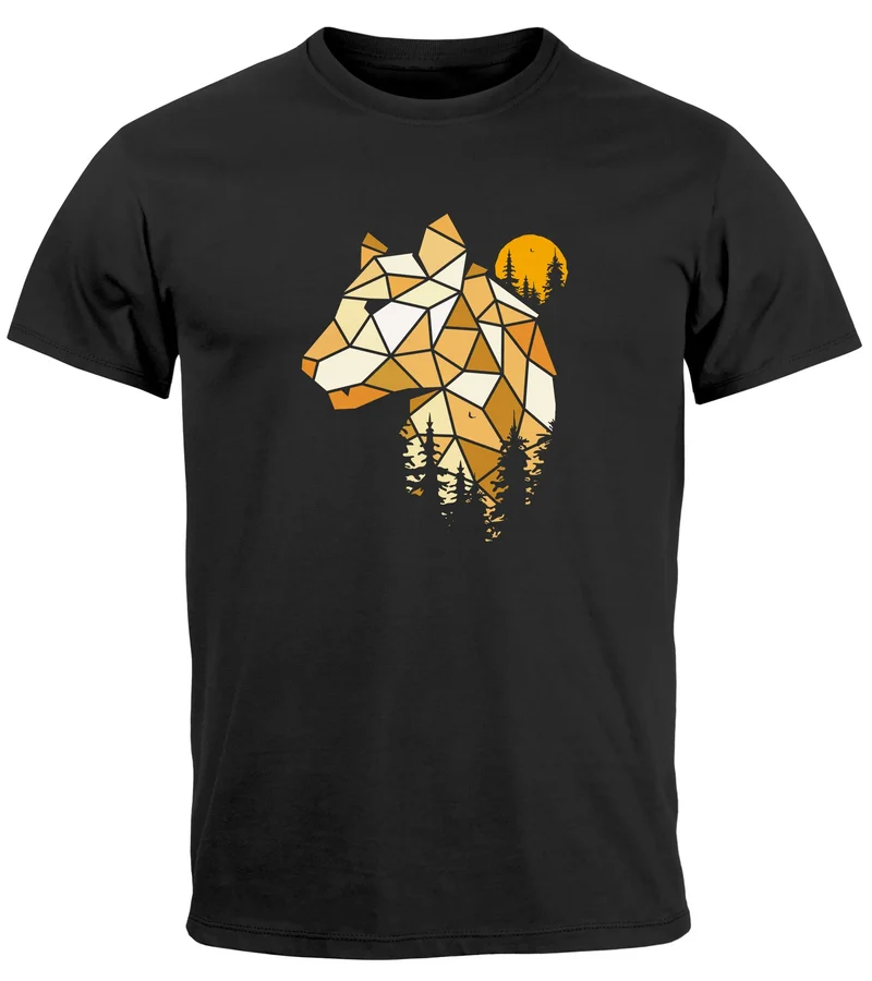 Herren T-Shirt Fashion Polygon Print Luchs Wald Tiere Outdoor Motiv Aufdruck Streetstyle