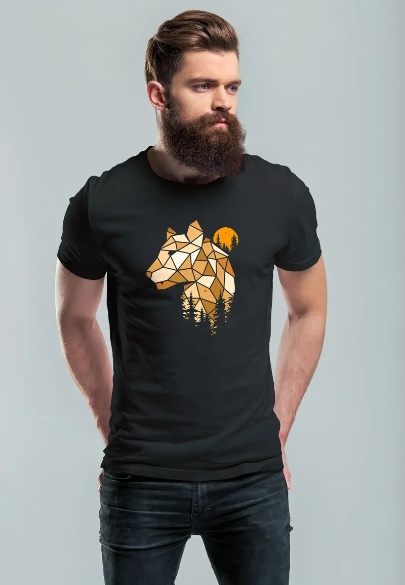 Herren T-Shirt Fashion Polygon Print Luchs Wald Tiere Outdoor Motiv Aufdruck Streetstyle