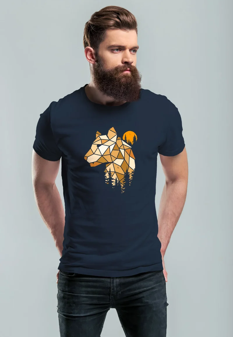 Herren T-Shirt Fashion Polygon Print Luchs Wald Tiere Outdoor Motiv Aufdruck Streetstyle