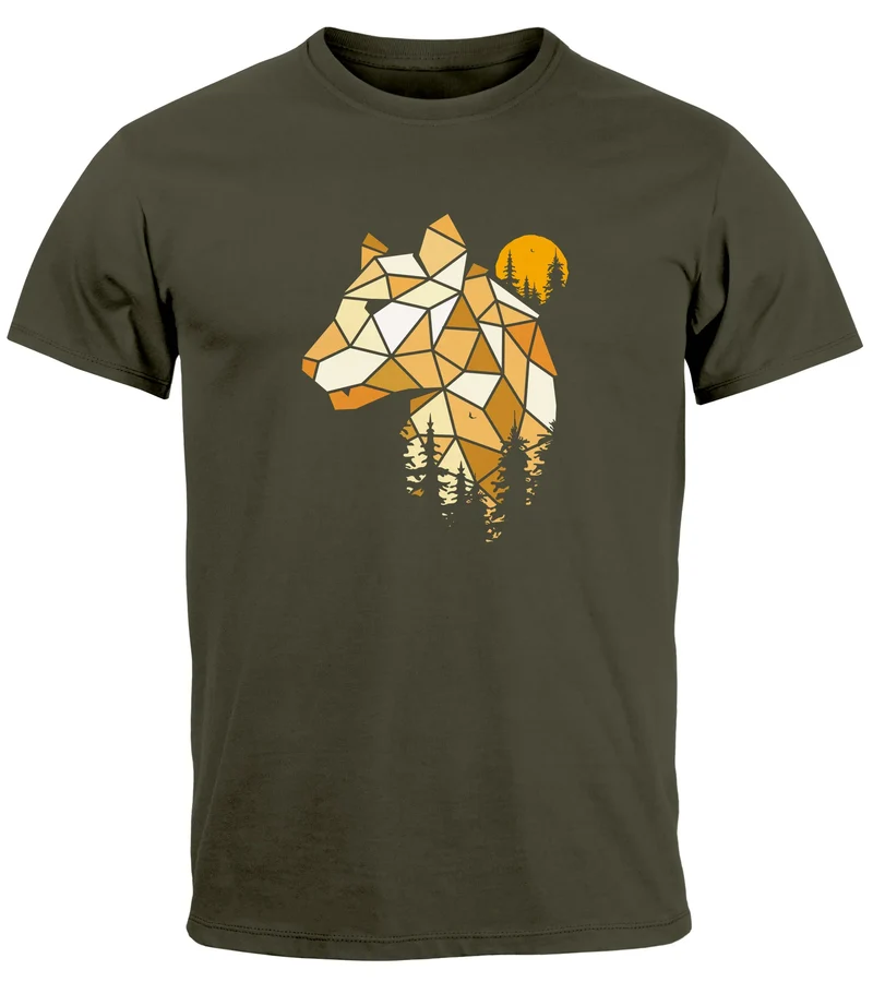 Herren T-Shirt Fashion Polygon Print Luchs Wald Tiere Outdoor Motiv Aufdruck Streetstyle