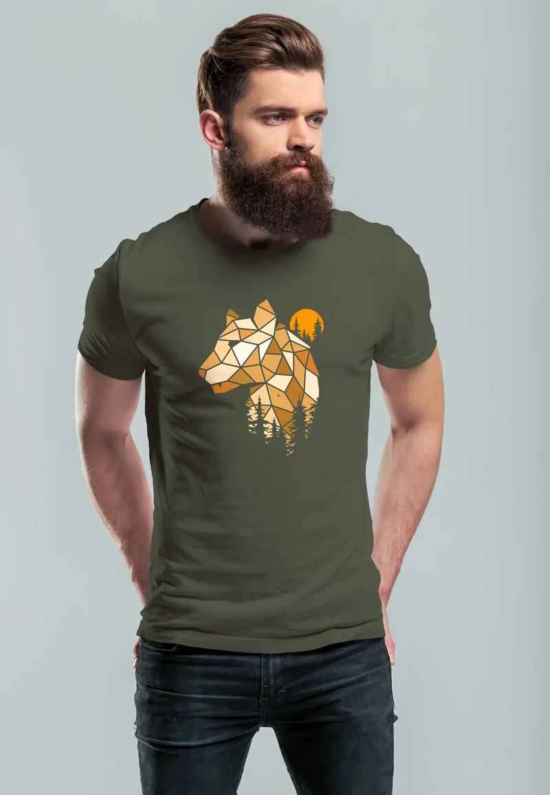 Herren T-Shirt Fashion Polygon Print Luchs Wald Tiere Outdoor Motiv Aufdruck Streetstyle