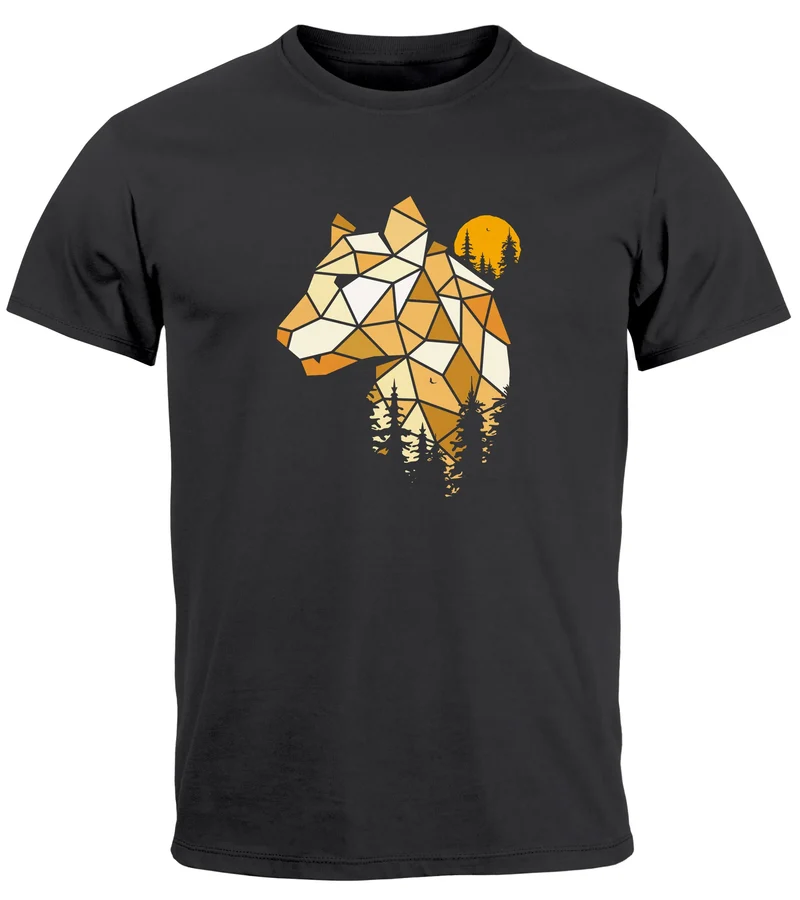 Herren T-Shirt Fashion Polygon Print Luchs Wald Tiere Outdoor Motiv Aufdruck Streetstyle