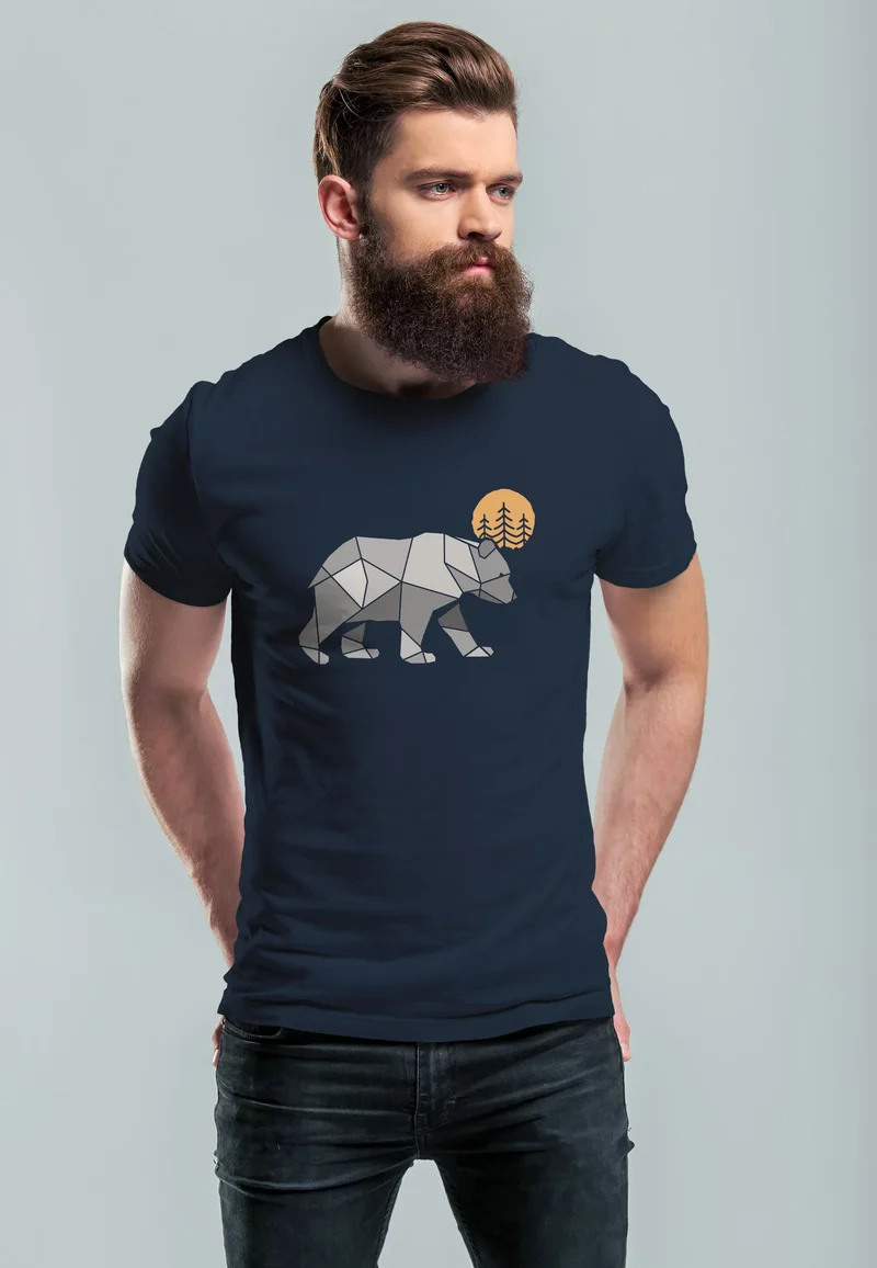 Herren T-Shirt Polygon Bär Mond Outdoor Wandern Natur Print Aufdruck Fashion Streetstyle
