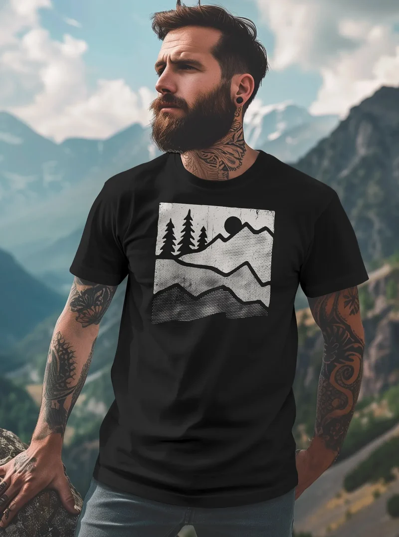 Herren T-Shirt Berge Natur Outdoor Printshirt Aufdruck Wandern Männer Fashion Streetstyle