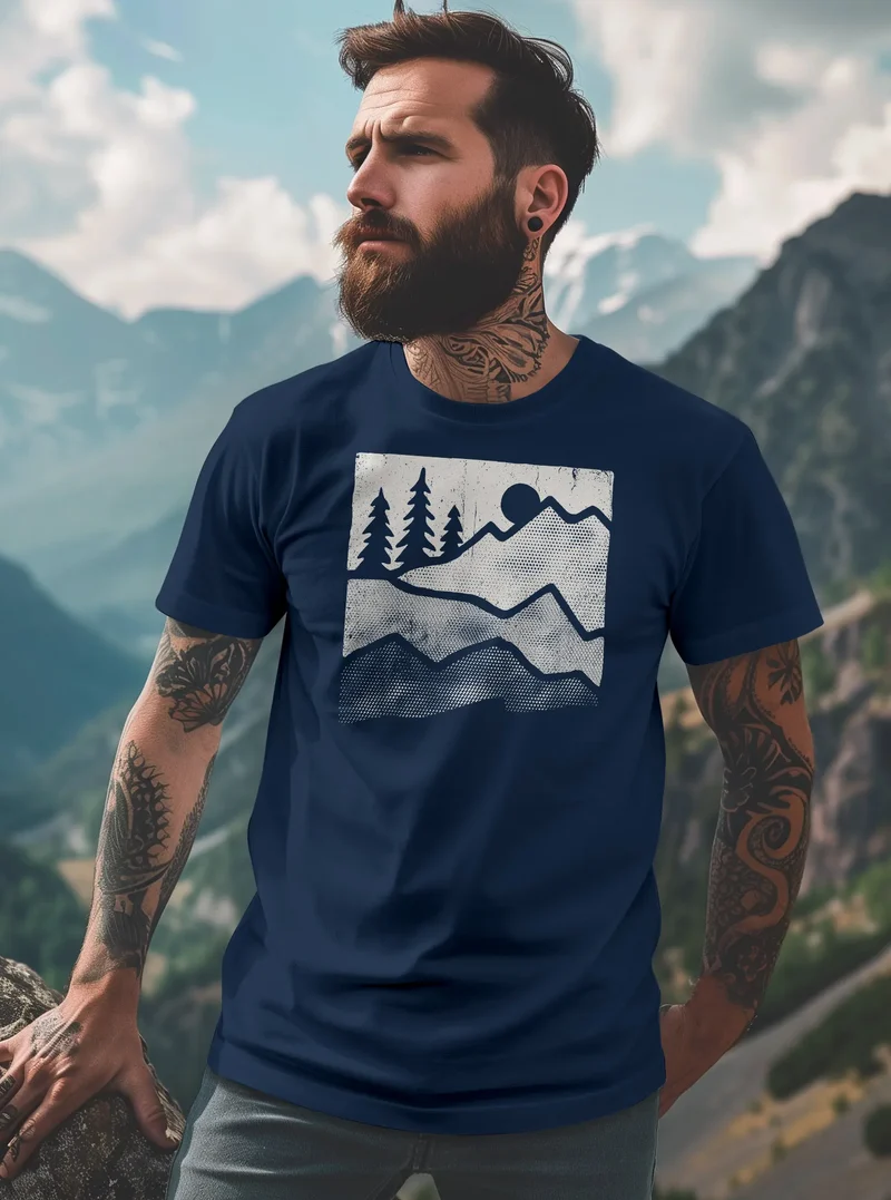 Herren T-Shirt Berge Natur Outdoor Printshirt Aufdruck Wandern Männer Fashion Streetstyle