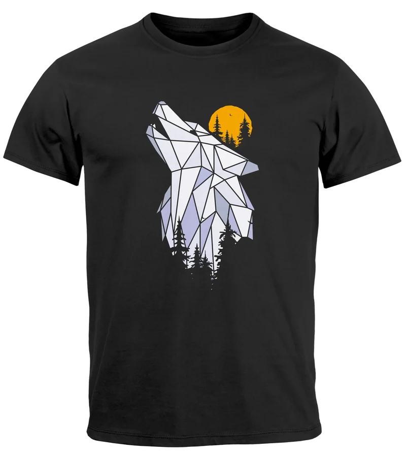 Herren T-Shirt Polygon Print Wolf Wald Outdoor Adventure Natur Tiermotiv Fashion Streetstyle