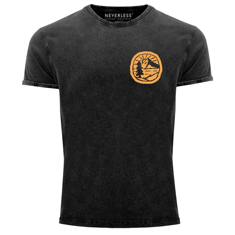 Herren Vintage Shirt Print Logo Badge Landschaft Natur Berge Wandern Outdoor Fashion