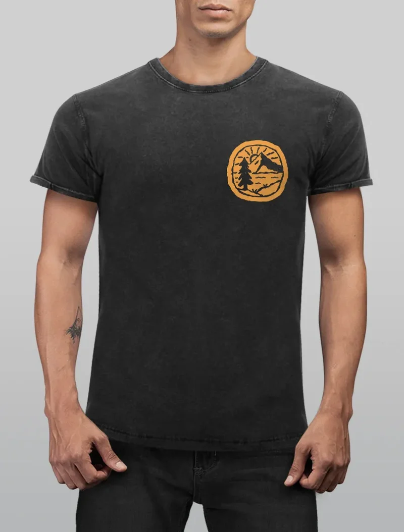 Herren Vintage Shirt Print Logo Badge Landschaft Natur Berge Wandern Outdoor Fashion