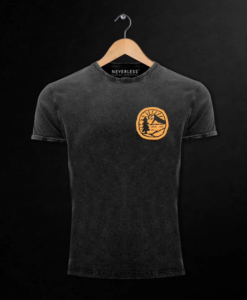 Herren Vintage Shirt Print Logo Badge Landschaft Natur Berge Wandern Outdoor Fashion