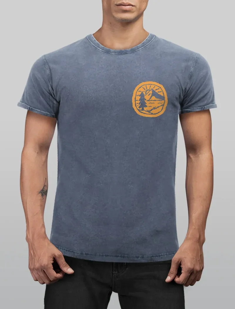 Herren Vintage Shirt Print Logo Badge Landschaft Natur Berge Wandern Outdoor Fashion