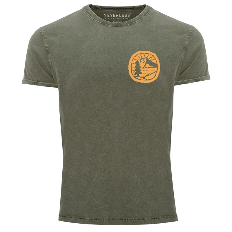 Herren Vintage Shirt Print Logo Badge Landschaft Natur Berge Wandern Outdoor Fashion