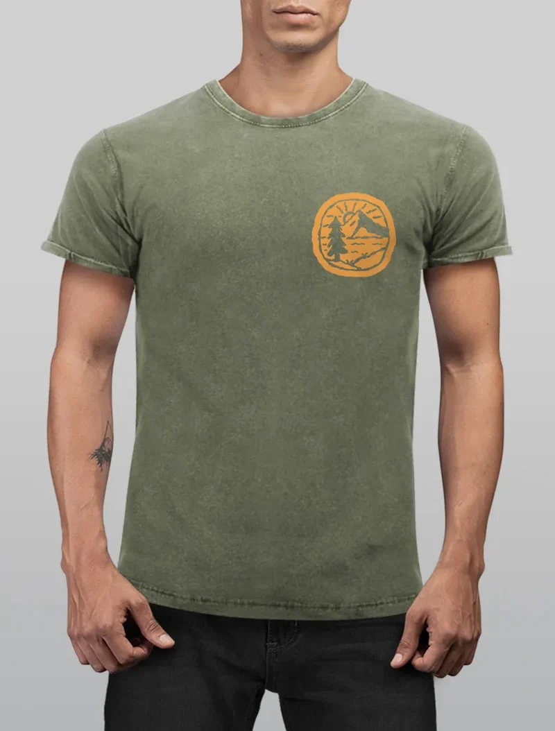 Herren Vintage Shirt Print Logo Badge Landschaft Natur Berge Wandern Outdoor Fashion
