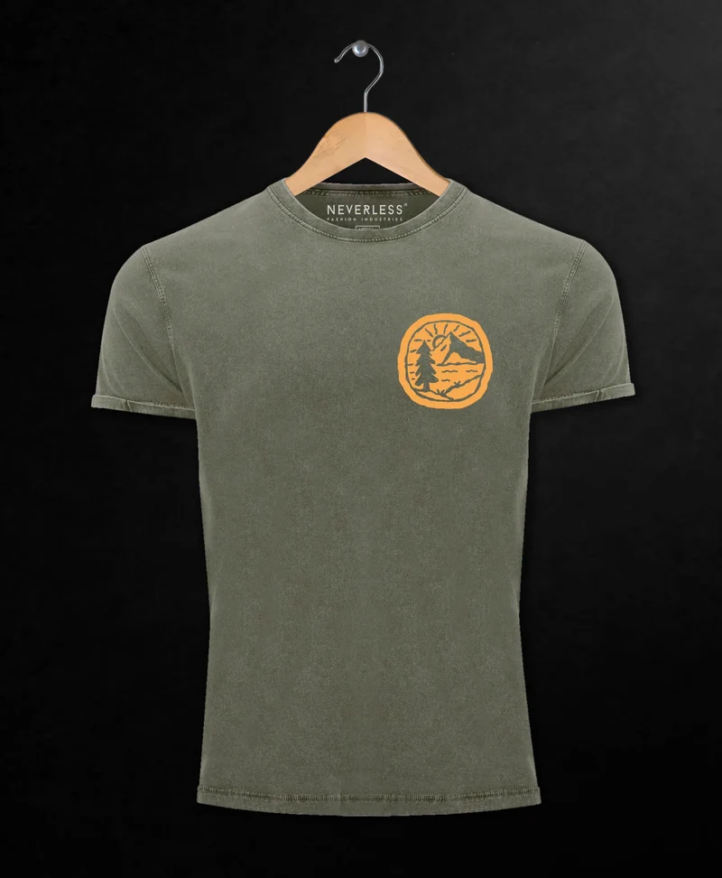 Herren Vintage Shirt Print Logo Badge Landschaft Natur Berge Wandern Outdoor Fashion