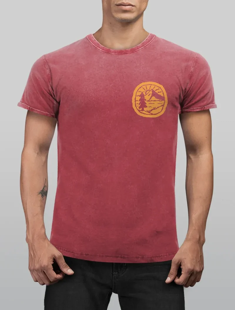 Herren Vintage Shirt Print Logo Badge Landschaft Natur Berge Wandern Outdoor Fashion