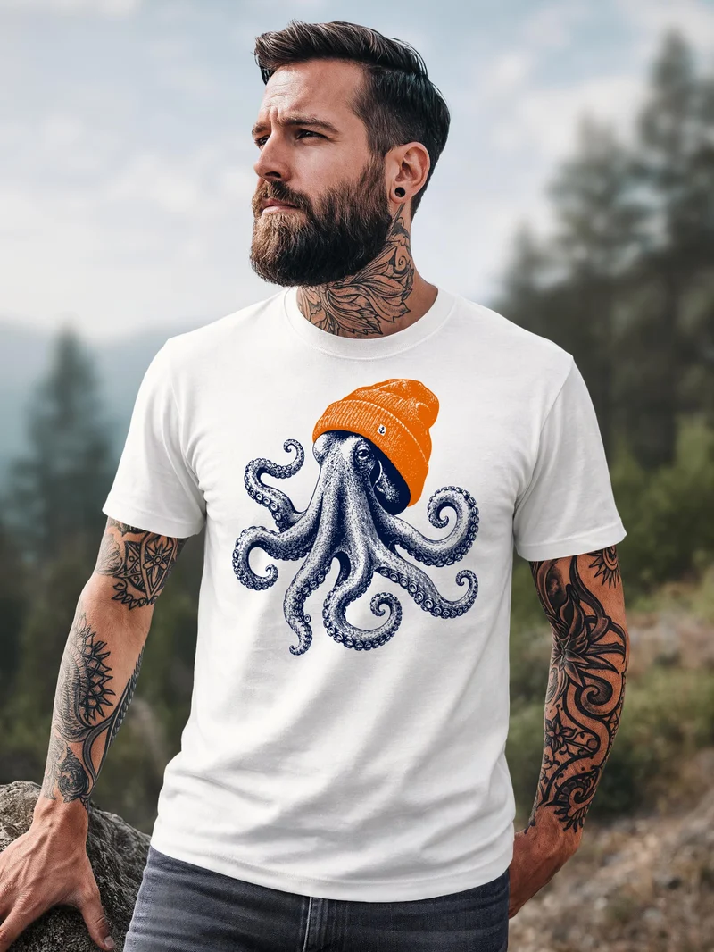 Herren T-Shirt Frontprint - Oktopus - Baumwollshirt Männer Fashion Streetstyle Slim Fit