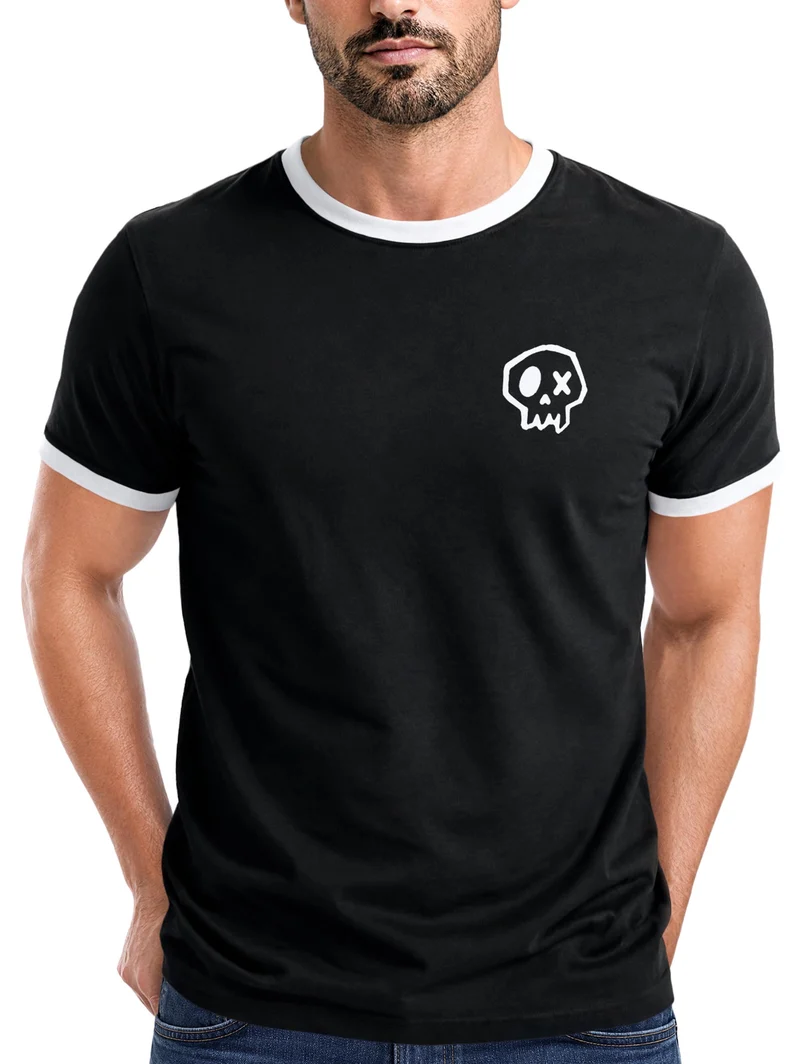 Herren T-Shirt Retro Kontrastbund - Logo skull- Printshirt im Vintage-Look
