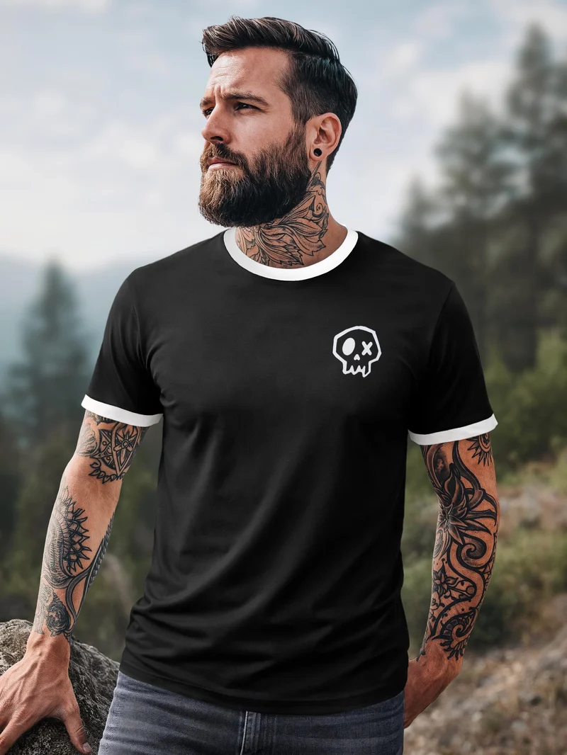 Herren T-Shirt Retro Kontrastbund - Logo skull- Printshirt im Vintage-Look