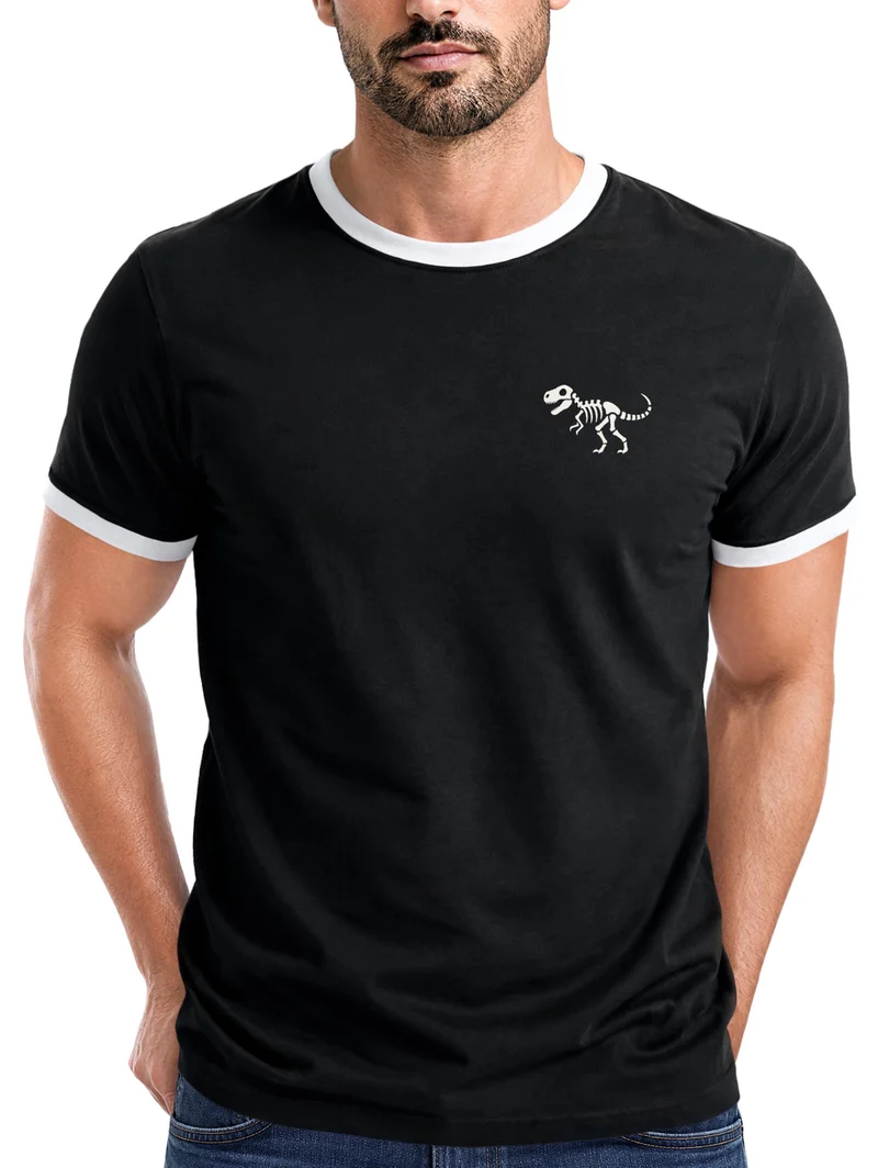 Herren T-Shirt Retro Kontrastbund - Dino Skeleton - Printshirt im Vintage-Look