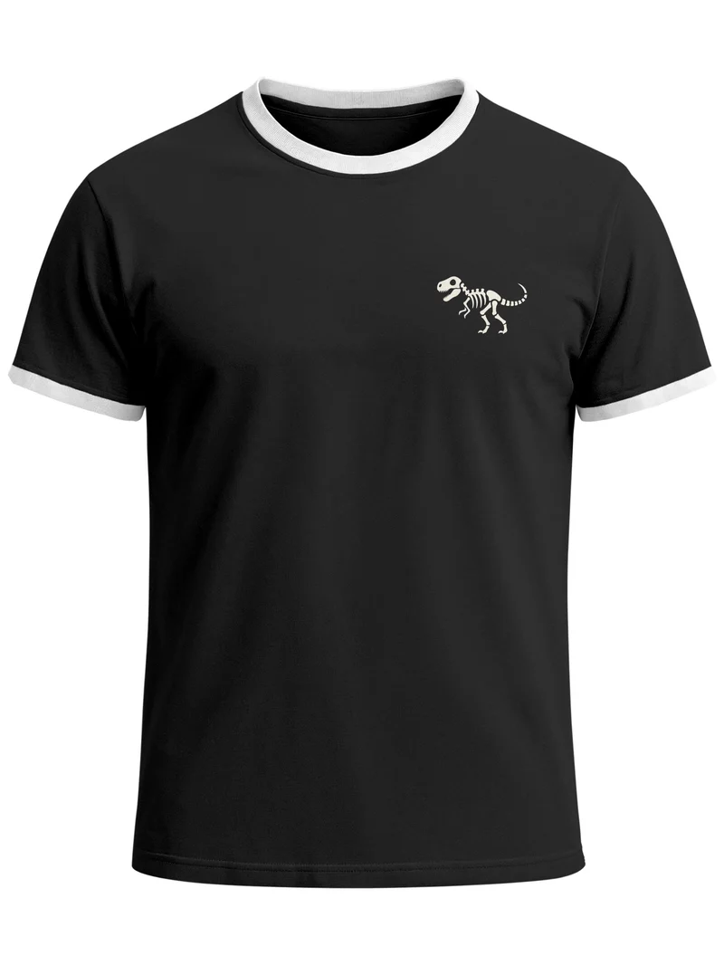 Herren T-Shirt Retro Kontrastbund - Dino Skeleton - Printshirt im Vintage-Look