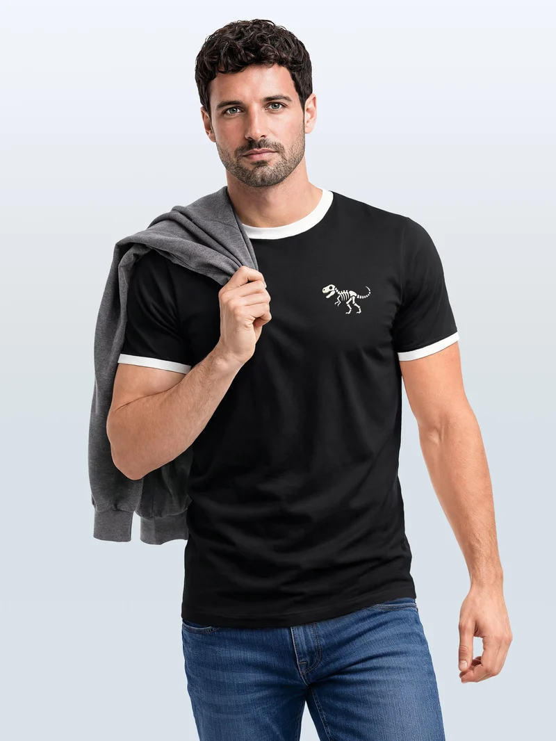 Herren T-Shirt Retro Kontrastbund - Dino Skeleton - Printshirt im Vintage-Look