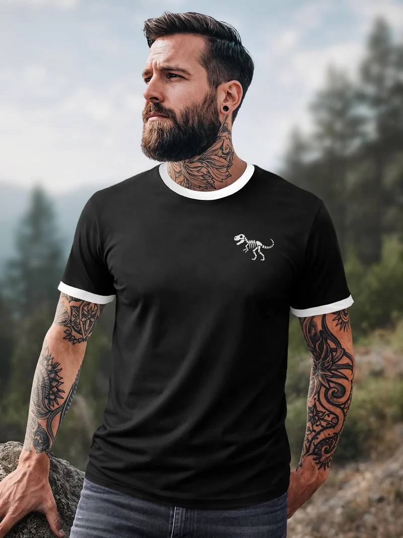 Herren T-Shirt Retro Kontrastbund - Dino Skeleton - Printshirt im Vintage-Look