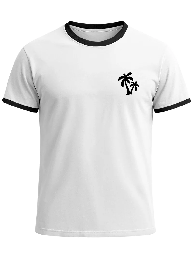 Herren T-Shirt Retro Kontrastbund - Logo Palmen - Printshirt im Vintage-Look