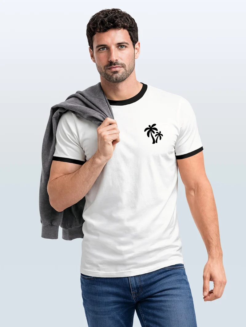 Herren T-Shirt Retro Kontrastbund - Logo Palmen - Printshirt im Vintage-Look