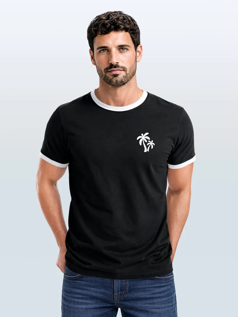 Herren T-Shirt Retro Kontrastbund - Logo Palmen - Printshirt im Vintage-Look