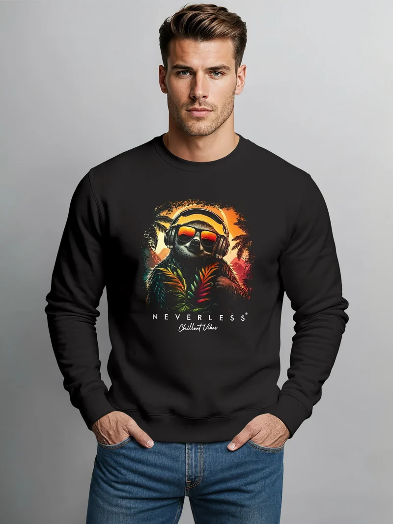 Sweatshirt Herren Frontprint Pullover mit Print Chillout Vibes Faultier Music Streetwear Fashion Streetwear