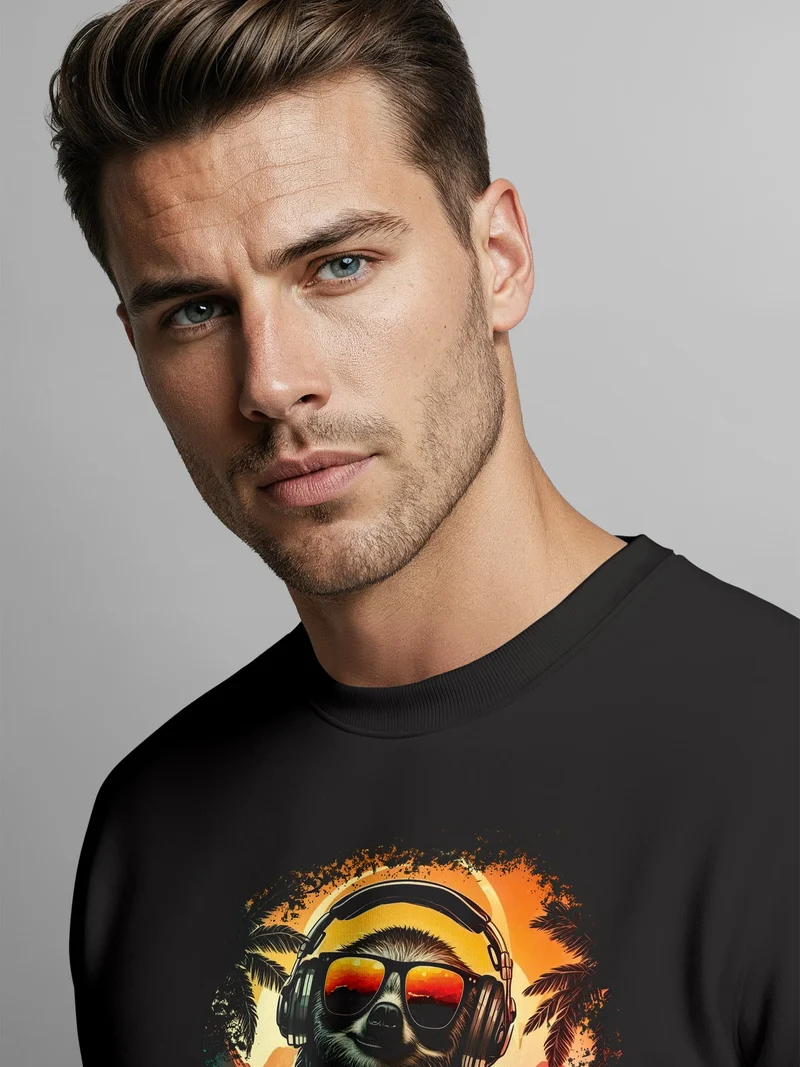 Sweatshirt Herren Frontprint Pullover mit Print Chillout Vibes Faultier Music Streetwear Fashion Streetwear