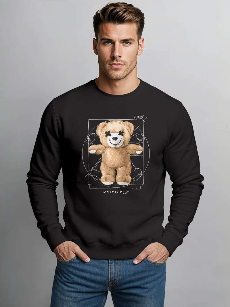 Sweatshirt Herren Frontprint Pullover mit Print Vitruvian Teddy Kunst Design Teddybär Graphic Streetwear Fashion