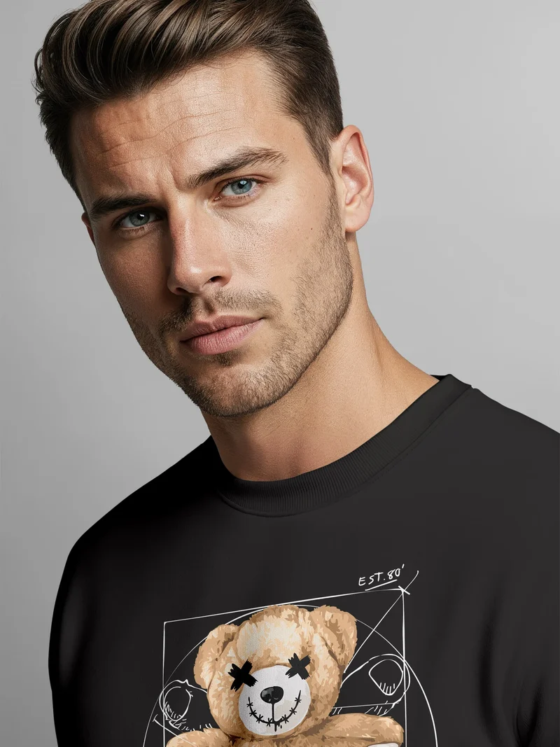 Sweatshirt Herren Frontprint Pullover mit Print Vitruvian Teddy Kunst Design Teddybär Graphic Streetwear Fashion