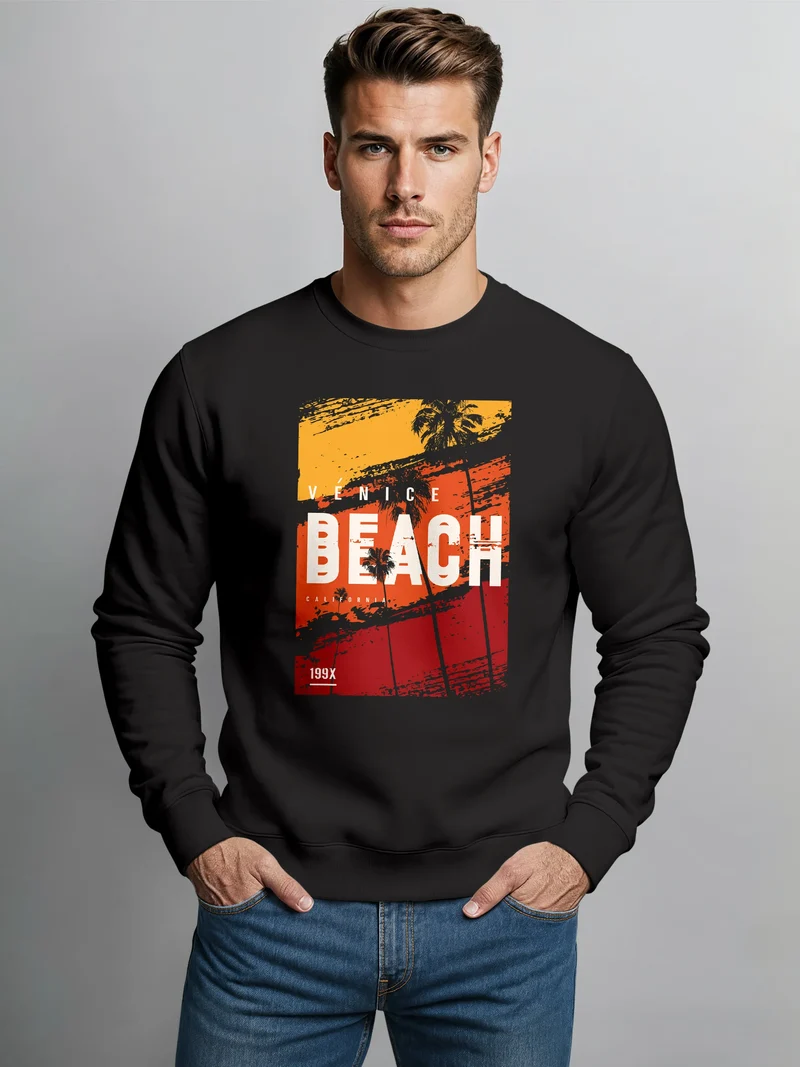 Sweatshirt Herren Frontprint Pullover mit Print Venice Beach Retro Aufdruck California Fashion Streetwear