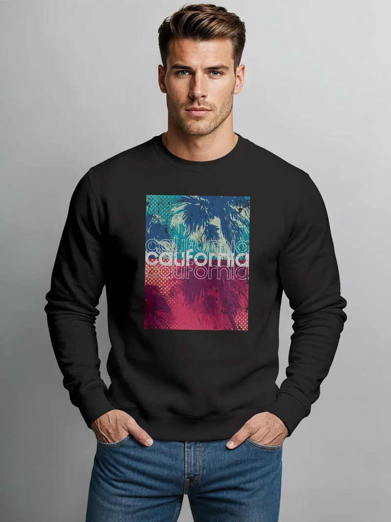 Sweatshirt Herren Frontprint California Pullover Palmen Print im Retro Look Fashion Streetwear