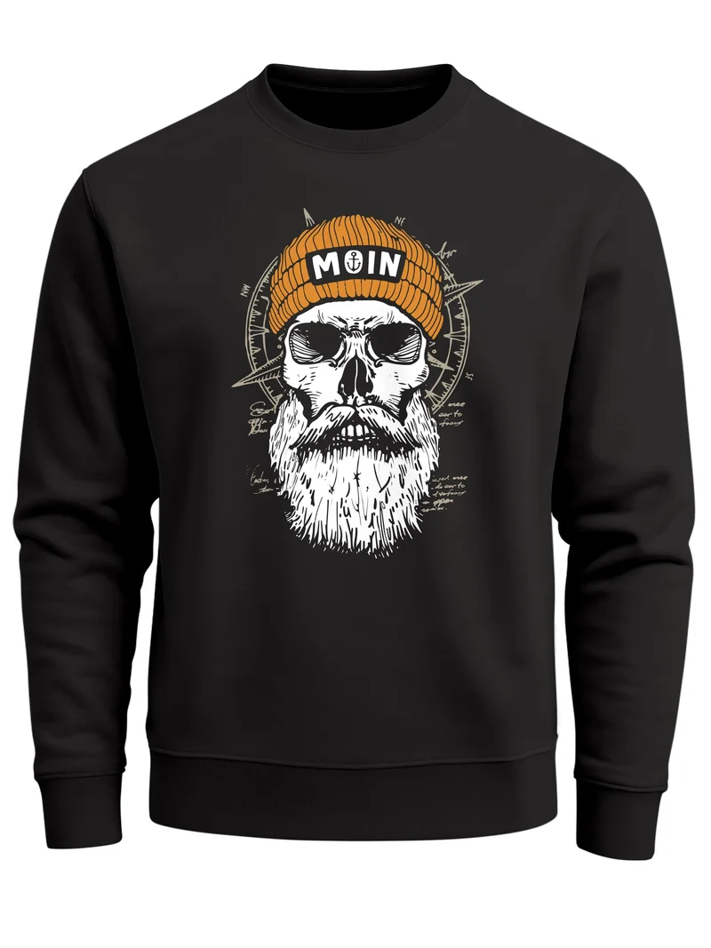 Sweatshirt Herren Frontprint Pullover mit Print Moin Skull Totenkopf Anker Nordic Streetwear Design Fashion