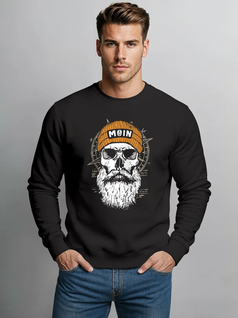Sweatshirt Herren Frontprint Pullover mit Print Moin Skull Totenkopf Anker Nordic Streetwear Design Fashion