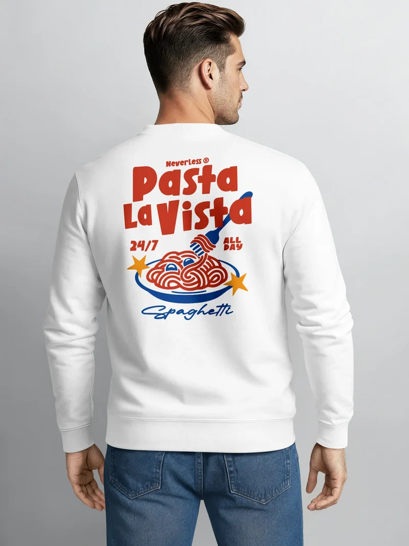 Sweatshirt Herren Pullover mit Backprint Pasta la Vista Pulli Spaghetti Italian Fruit Retro Design Fashion Streetwear