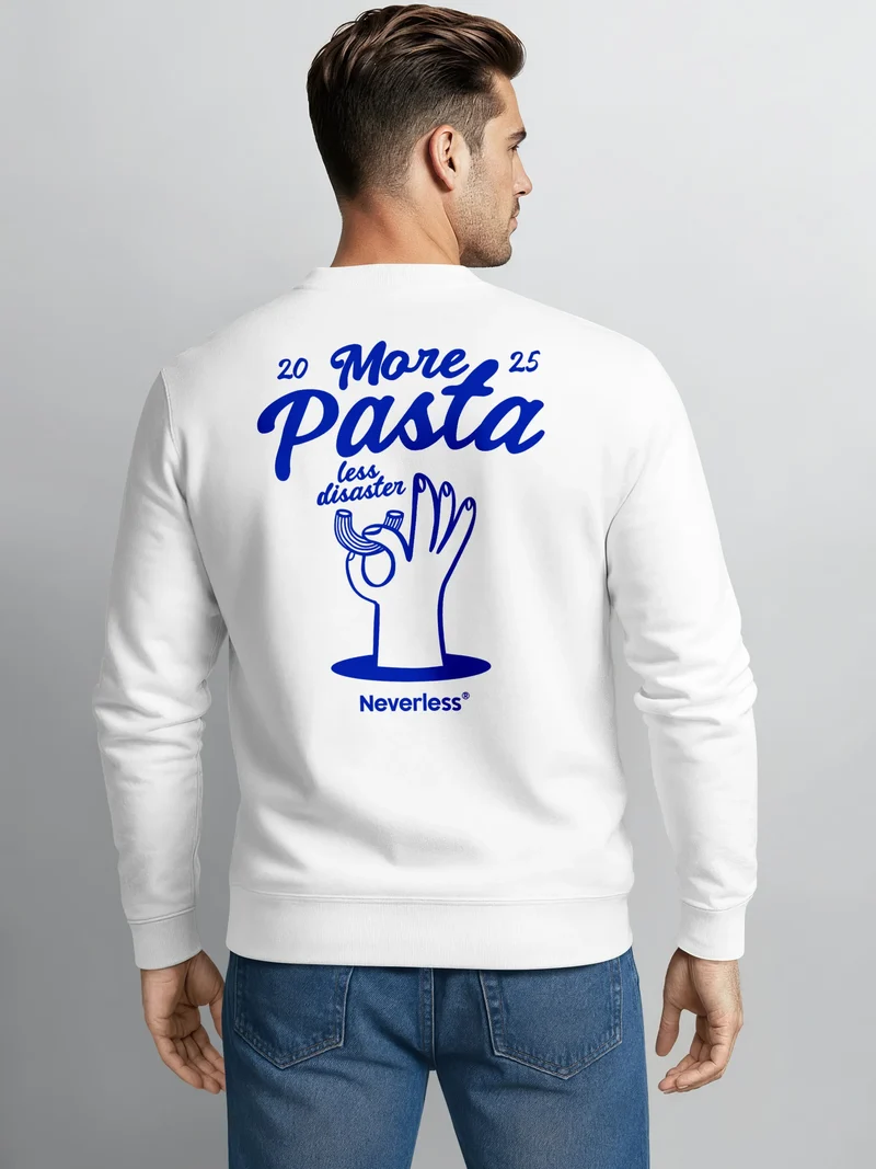 Sweatshirt Herren Pullover mit Backprint More Pasta Less Disaster Nudel Design Retro Fashion Streetwear