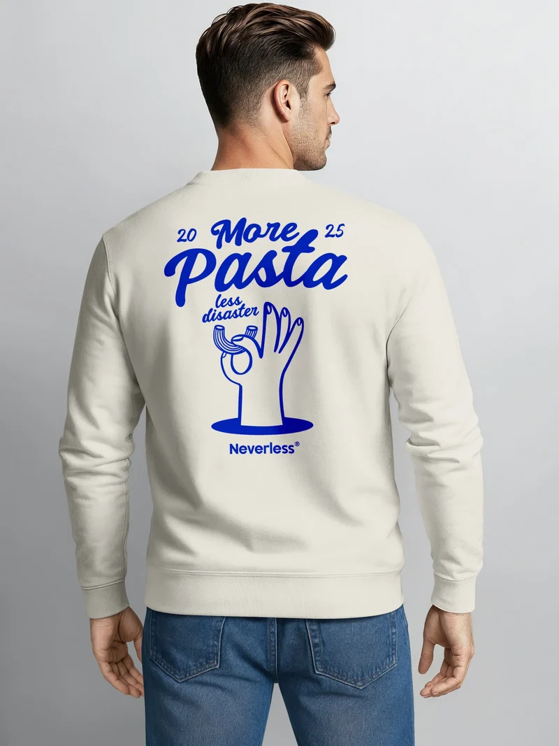 Sweatshirt Herren Pullover mit Backprint More Pasta Less Disaster Nudel Design Retro Fashion Streetwear