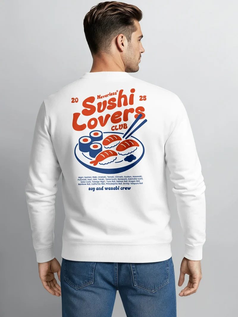 Sweatshirt Herren Pullover mit Backprint Sushi Lovers Club Japan Food Design Sushi Print Retro Streetwear