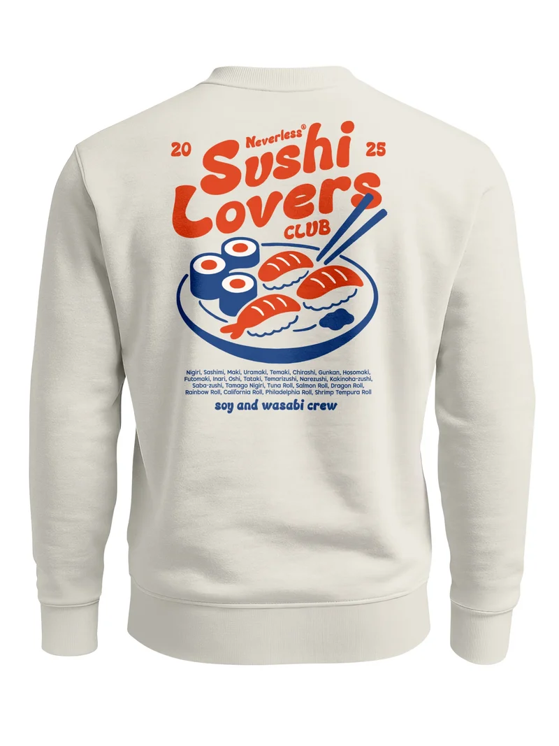 Sweatshirt Herren Pullover mit Backprint Sushi Lovers Club Japan Food Design Sushi Print Retro Streetwear