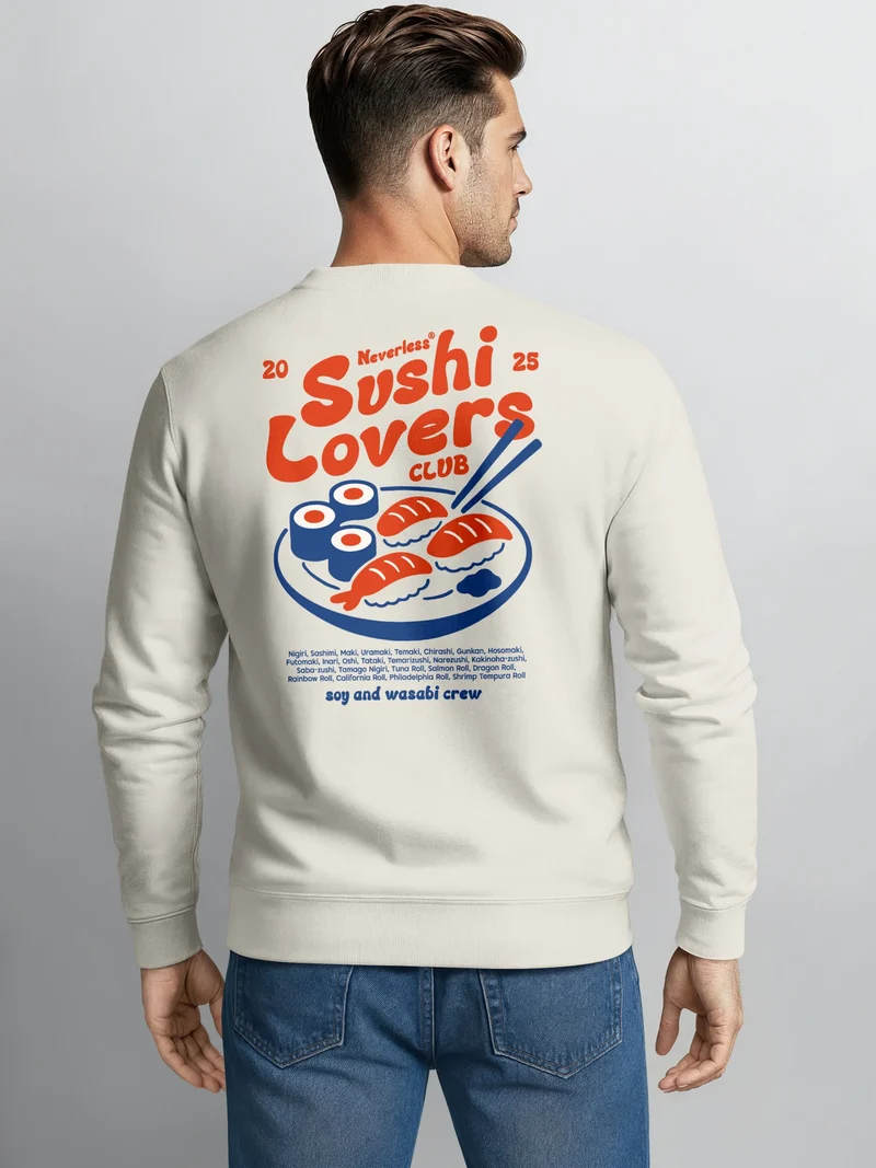 Sweatshirt Herren Pullover mit Backprint Sushi Lovers Club Japan Food Design Sushi Print Retro Streetwear
