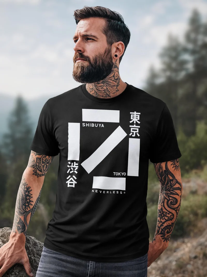Herren T-Shirt Frontprint - Design Shibuya Crossing - Baumwollshirt Männer Fashion Streetstyle Slim Fit