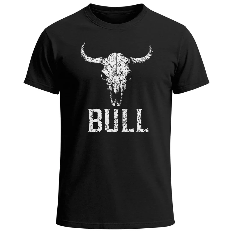 Herren T-Shirt Shirt mit Vintage Stierschädel Frontprint Schriftzug – Kurzarm Baumwollshirt – Männer Outdoor Fashion Streetwear